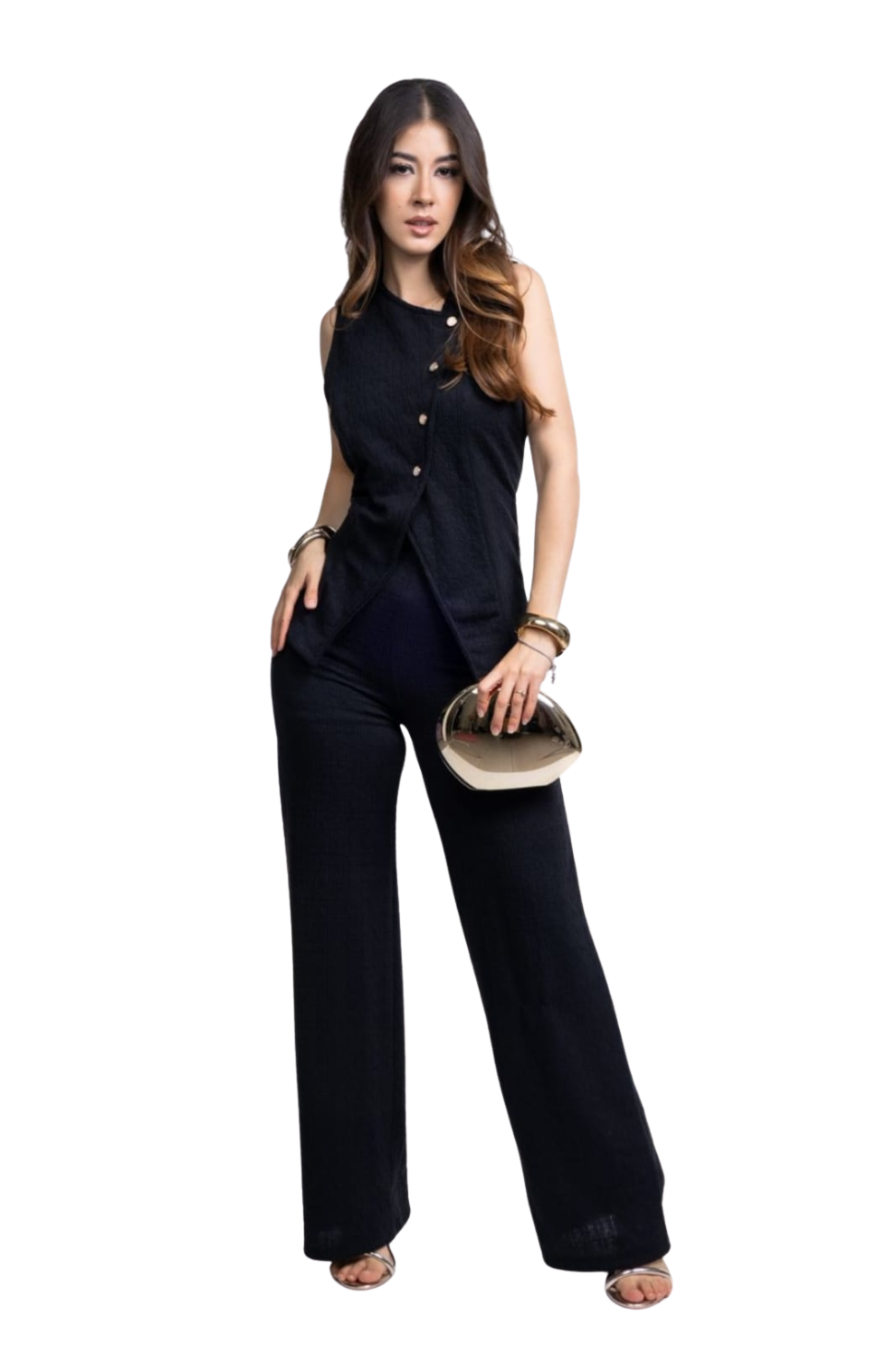 Chaleco cruzado + pantalón de tiro alto
