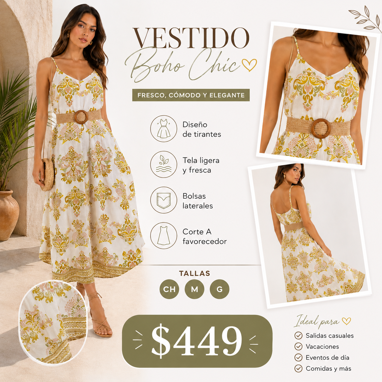 Vestido Midi Estampado Boho con Cinturón y Bolsas Laterales