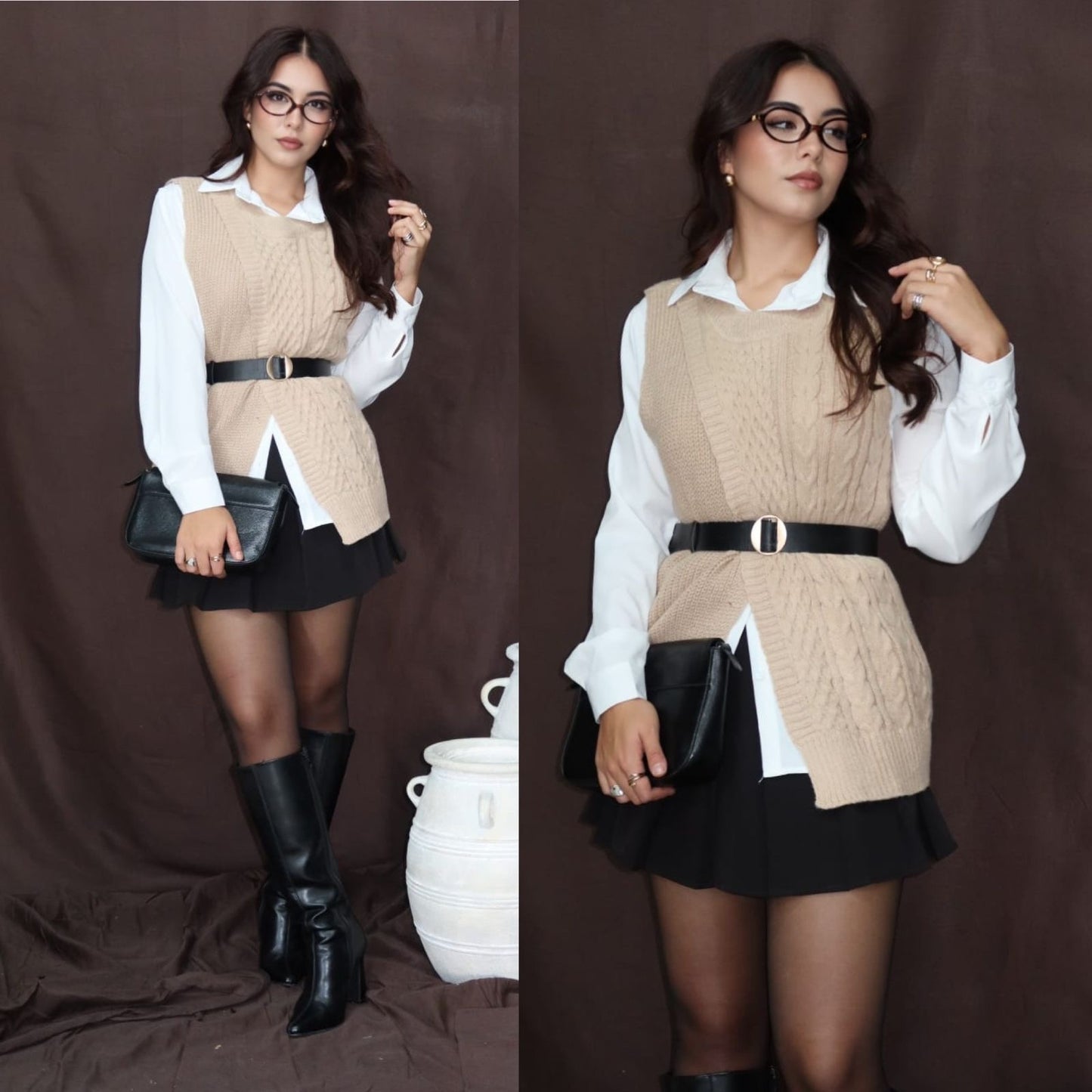 Chaleco Tejido con Camisa y Cinto