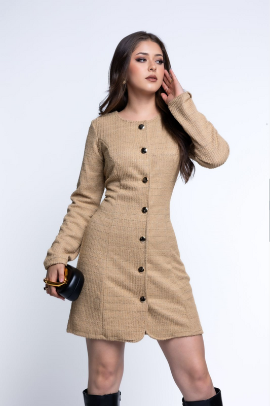 Vestido Chanel de Manga Larga con Hilo Dorado