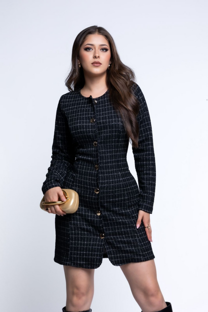 Vestido Chanel de Manga Larga con Hilo Dorado