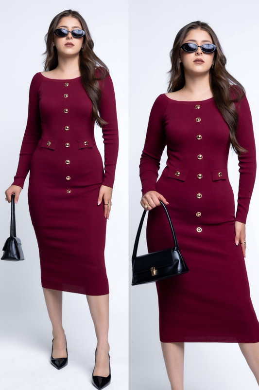 Vestido MIDI con Botones Dorados