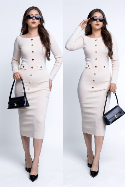 Vestido MIDI con Botones Dorados