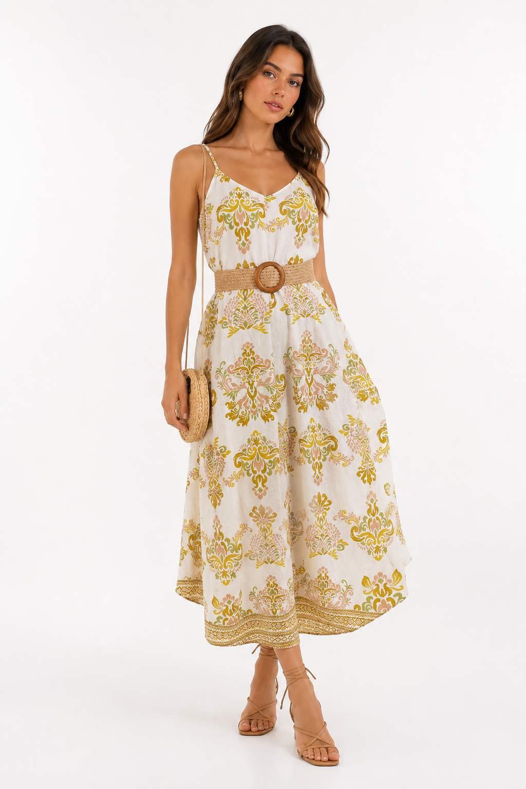 Vestido Midi Estampado Boho con Cinturón y Bolsas Laterales