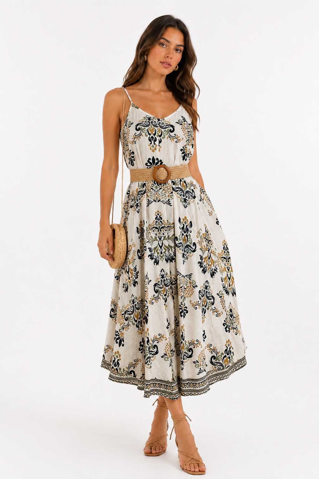 Vestido Midi Estampado Boho con Cinturón y Bolsas Laterales