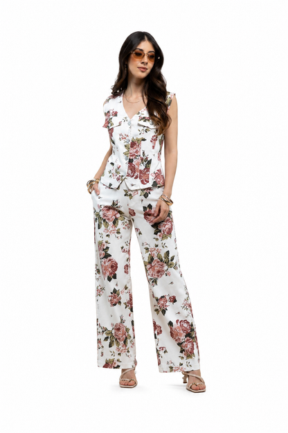 Conjunto Floral Denim Chic de Chaleco y Pantalón Wide Leg