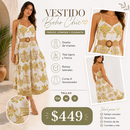 Vestido Midi Estampado Boho con Cinturón y Bolsas Laterales