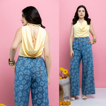 Blusa Satinada de Cuello Drapeado con Espalda Descubierta