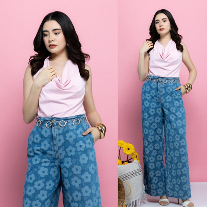 Blusa Satinada de Cuello Drapeado con Espalda Descubierta